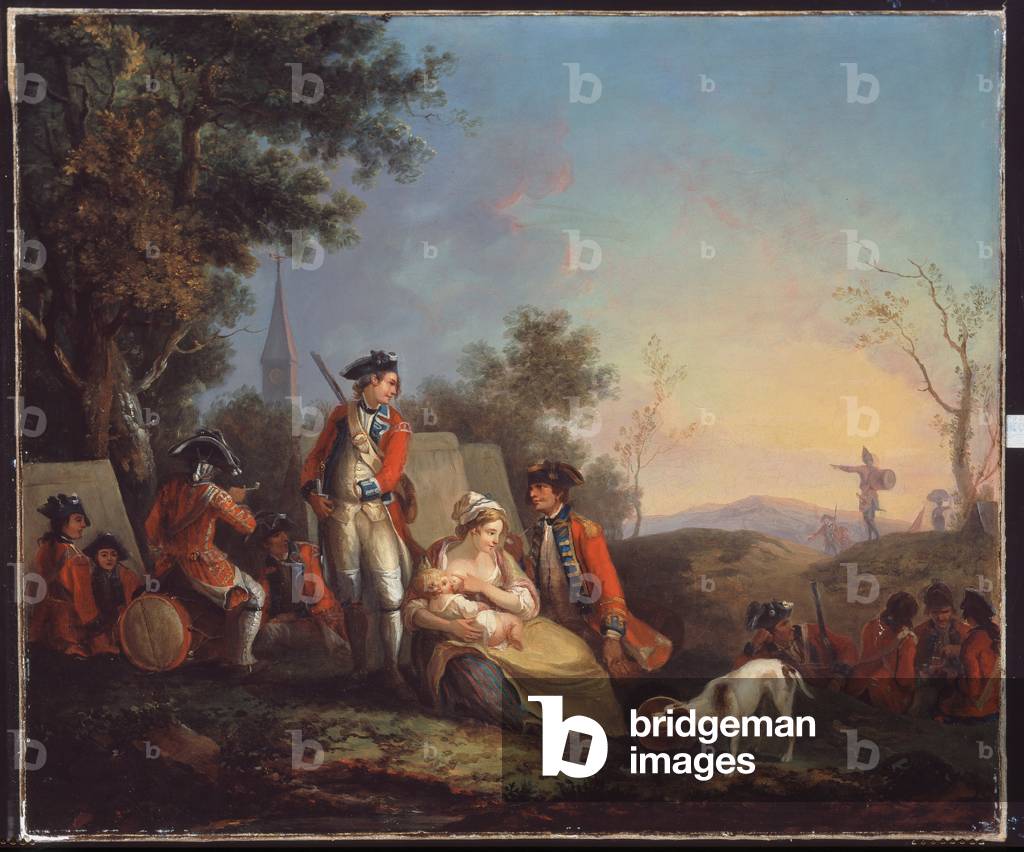 British infantrymen of a royal regiment in an encampment, 1760 circa (oil on canvas)