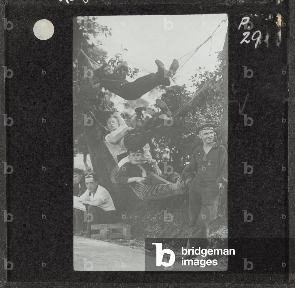 German sailors at rest in Handforth Barracks prisoner of war camp, Cheshire, 1917 (lantern slide)