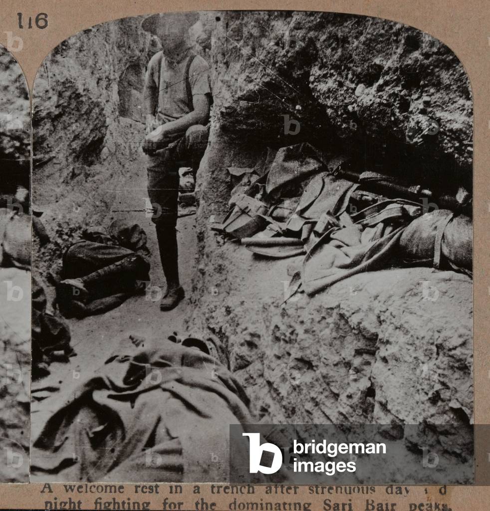A welcome rest in a trench after strenuous day and night fighting for the dominating Sari Bair peaks, 1915 (b/w photo)