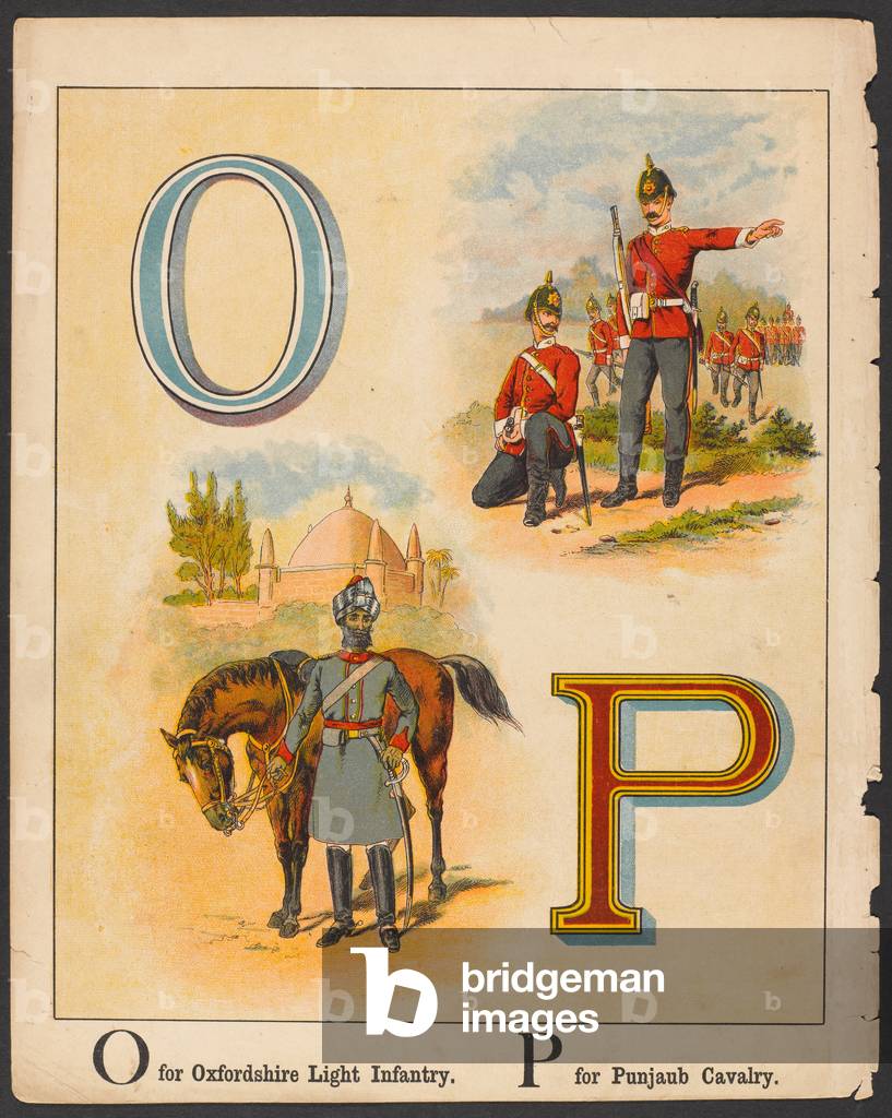 O for Oxfordshire Light Infantry. P for Punjaub Cavalry, 1889. (chromolitho)