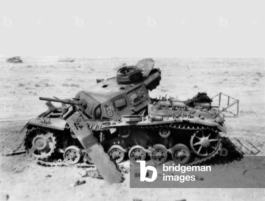 A wrecked German Mark III tank, North Africa, 1942 (b/w photo)