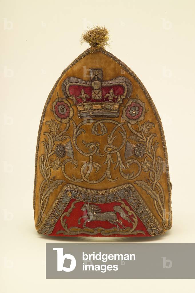 Grenadier cap, officer's, 43rd Regiment of Foot, 1740-49 (metal & silk thread embroidery on velvet & wool)
