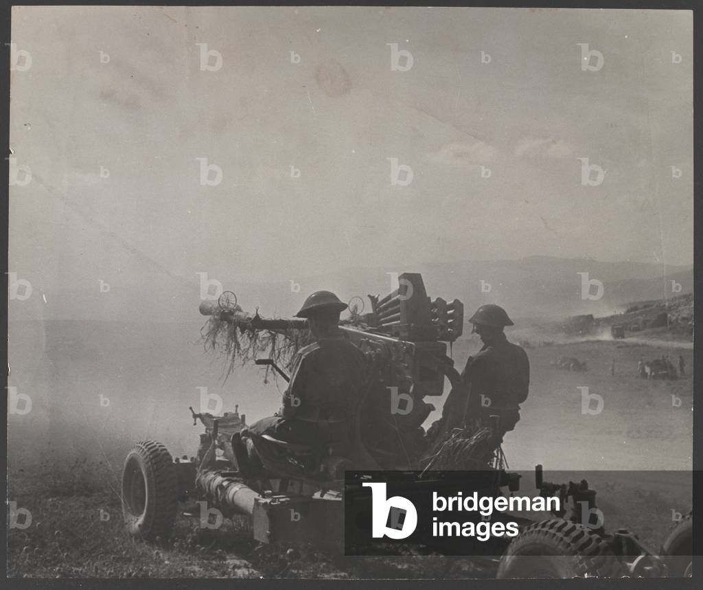40 mm Bofors gun in action, 1942 circa (b/w photo)