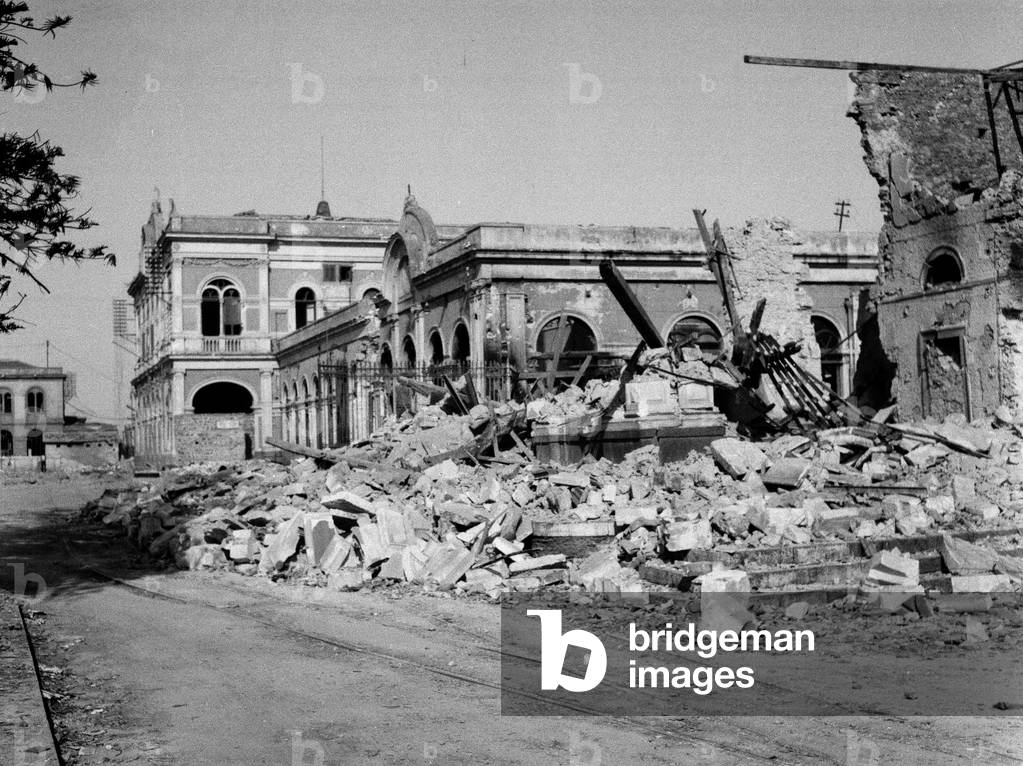 Bombed railway station, Catania, 1943 (b/w photo)