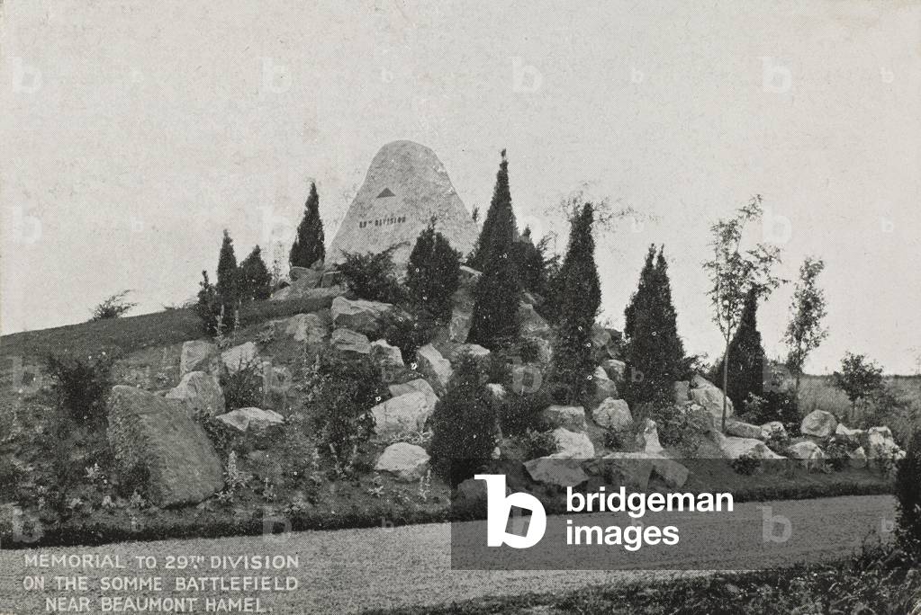 Memorial to the 29th Division on the Somme battlefield, near Beaumont Hamel (b/w photo)