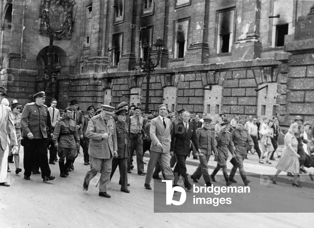 Prime Minister Winston Churchill and Foreign Secretary Anthony Eden with delegates to the Potsdam Conference, July 1945 (b/w photo)