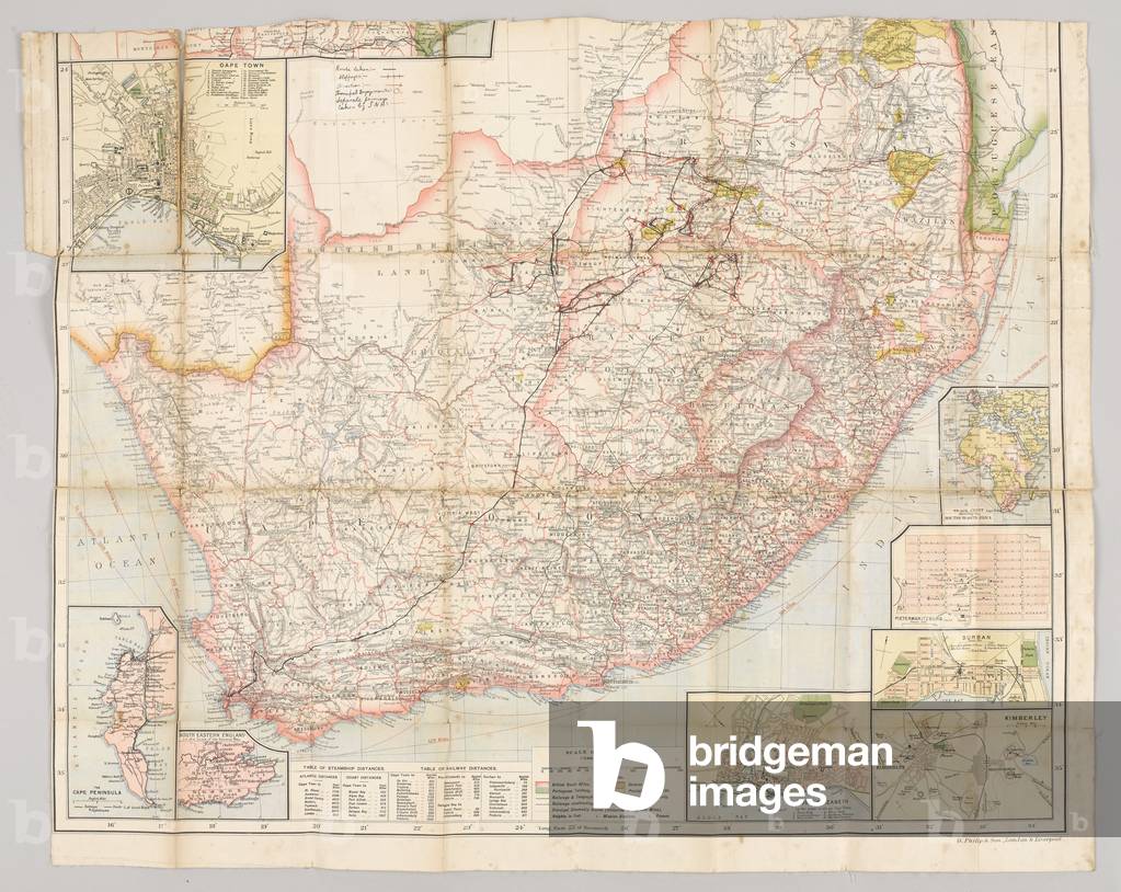 Copy of Pte Josiah Egerton Hills undated map of South Africa, showing the route taken by the South Nottinghamshire Yeomanry, 1900-01 (litho)