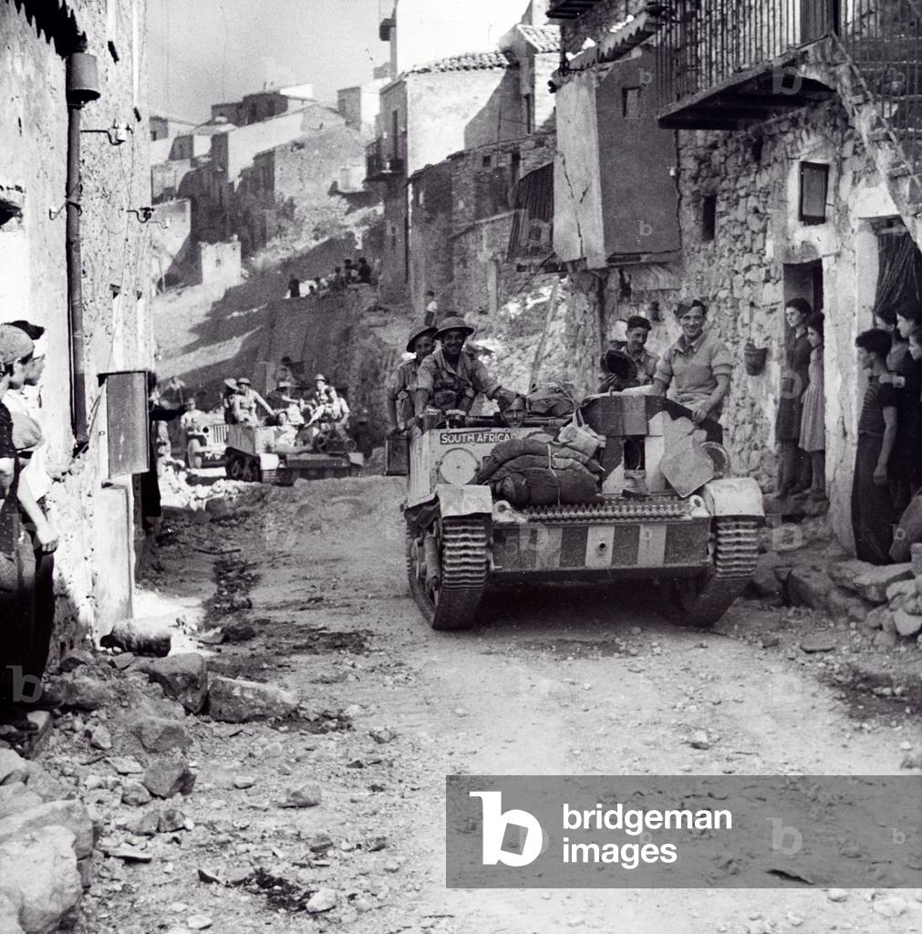 Bren carriers in the town of Centuripe, Sicily, August 1943 (lantern slide)