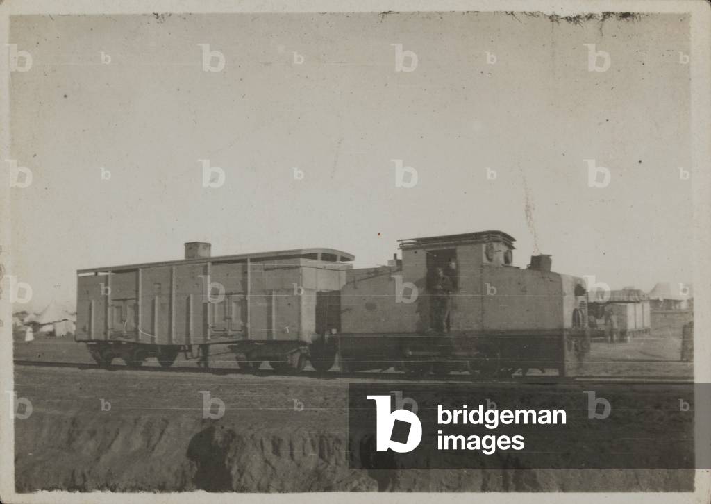 An armoured train at Deir-el-Belah, Palestine, 1917 (b/w photo)