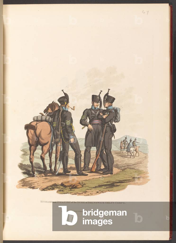 Hussars and Infantry of the Duke of Brunswick Oelss Corps, 1812 (aquatint)