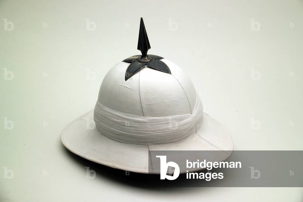 White Wolseley helmet belonging to Colonel G E Wylly VC, CB, DSO, Army Staff, India, 1914 circa (cloth over cork or pith)
