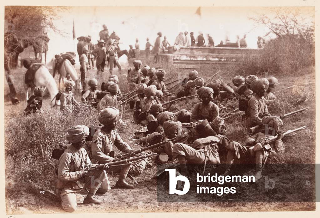 Soldiers of the 14th (The Ferozepore) Regiment of Bengal Native Infantry training at Panipal, 1883 circa (b/w photo)