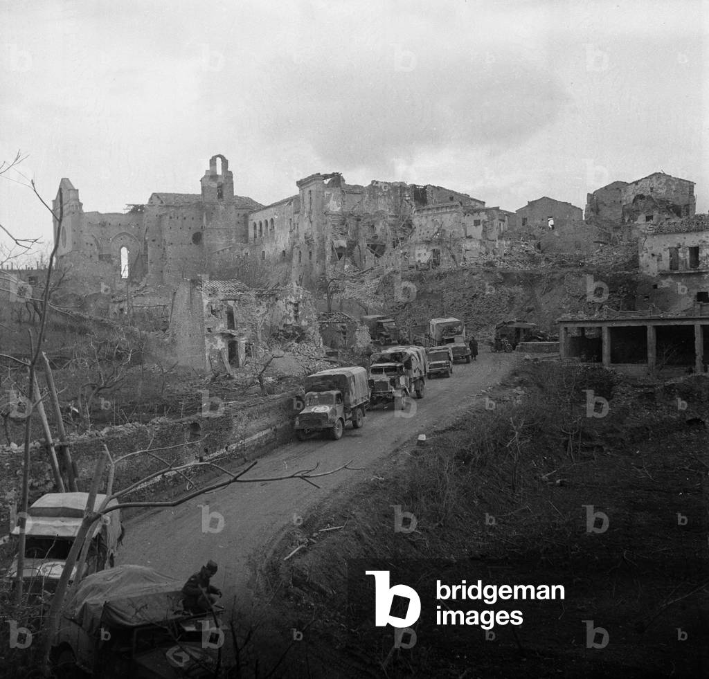 Trucks in Fossacesia, Italy, 1943 (b/w photo)