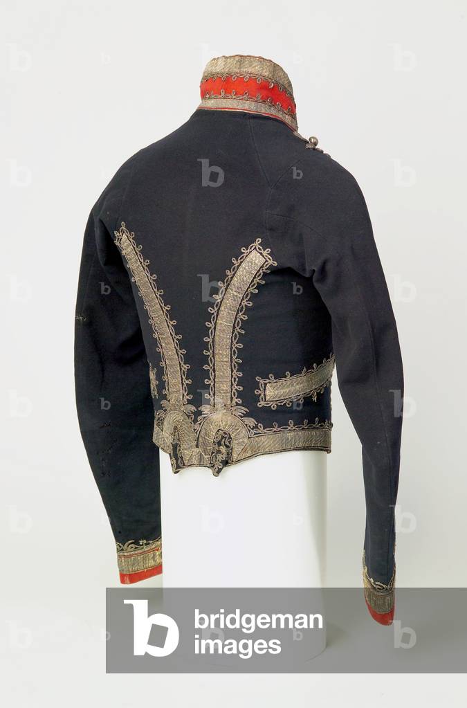 Full Dress Jacket worn by Lt William Polhill, 16th (or Queen's) Light Dragoons, at the Battle of Waterloo, 1815, c.1815 (blue fabric with scarlet facings & gold embroidery)