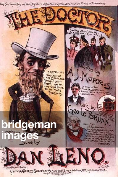 Front cover of the music score for 'The Doctor', sung by Dan Leno (colour litho)