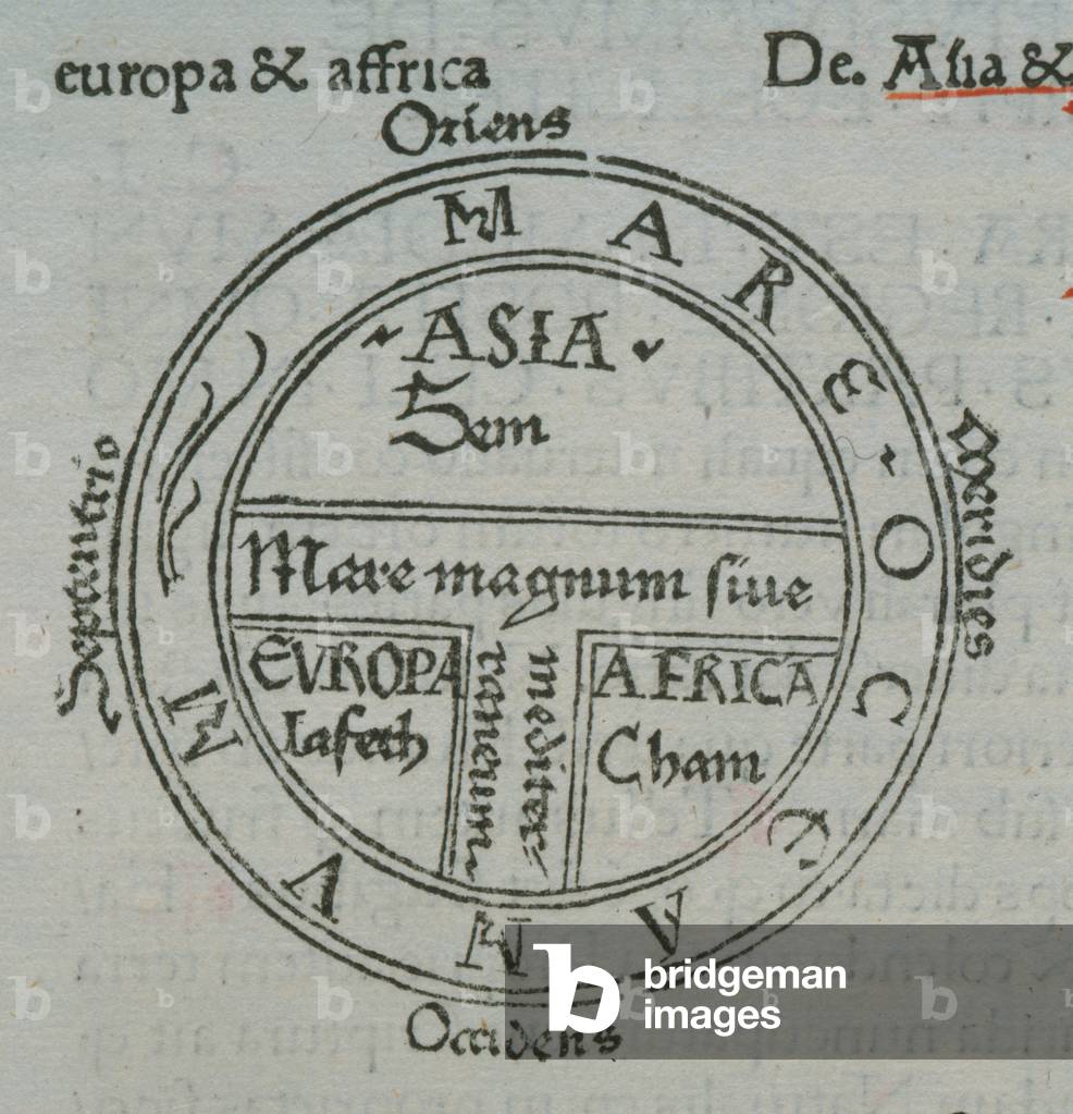 f.177v T-in-O map, with letterpress place names, from Isidore of Seville, 'Liber Etimologiarvm' (woodcut)
