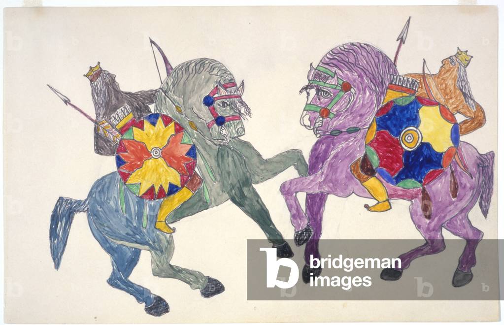 Two men with shields on rearing horses