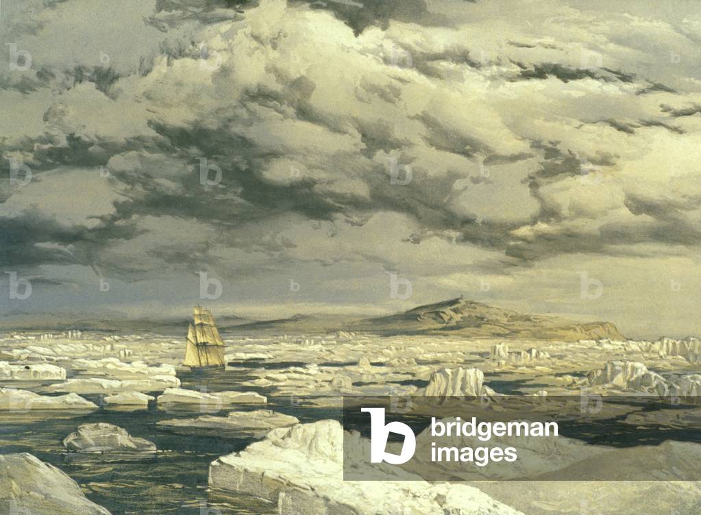 Prima scoperta di terra da HMS Investigator, 6 settembre 1850, inciso da E. Walker, 1854 (colore lito)