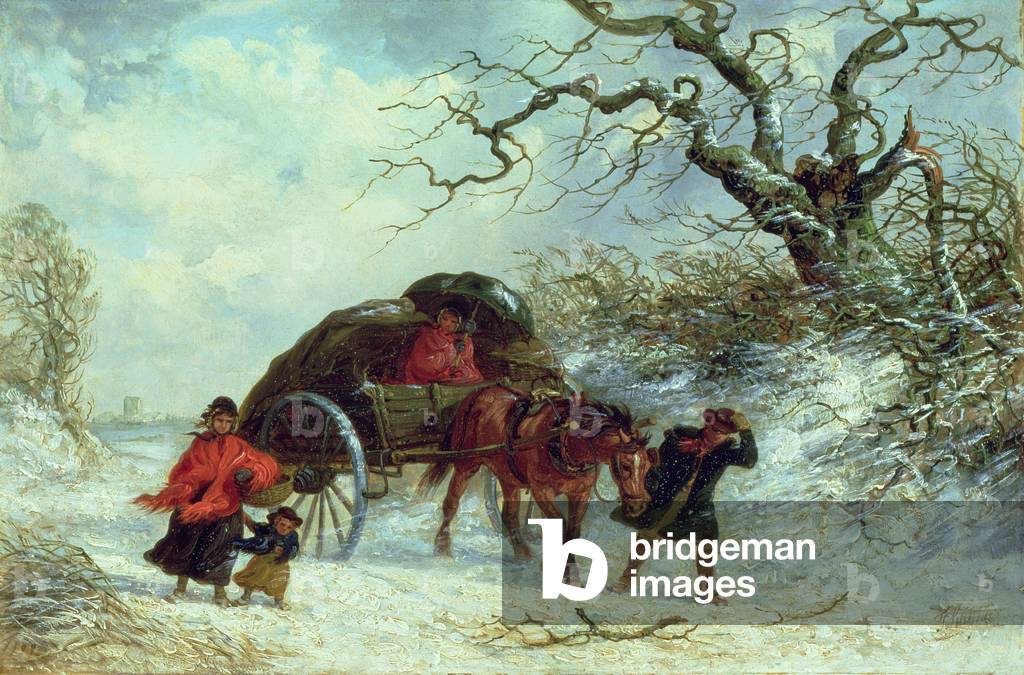 Immagine di Dipinto "The Carriers Cart - Winter (olio su pannello)", 19th Secolo di Thomas Smythe