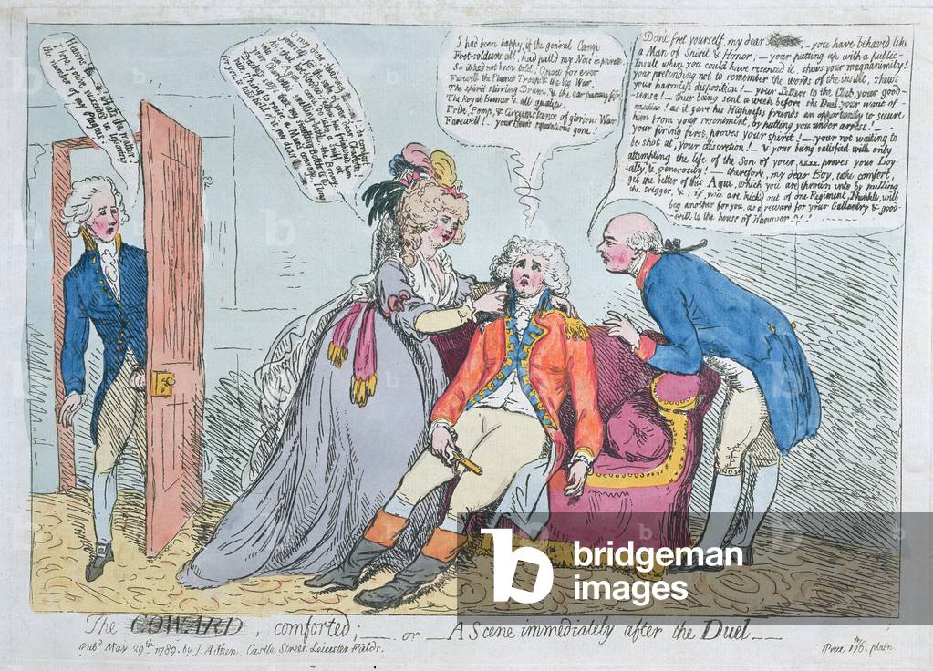 Ein Feigling tröstete, oder eine Szene unmittelbar nach dem Duell, veröffentlicht von J. Aitken im Jahre 1789 