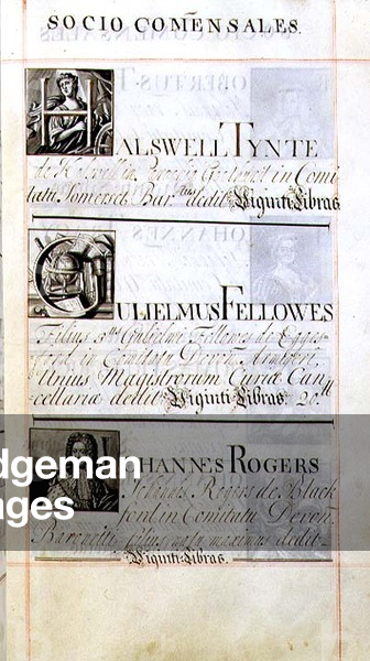 Archive 3693 f.63 Page listing three benefactors of New College, Oxford; Halswell Tynte, Gulielmus Fellowes and Johannes Rogers, from a Benefaction Book, 1681/2-84 (pen and ink)