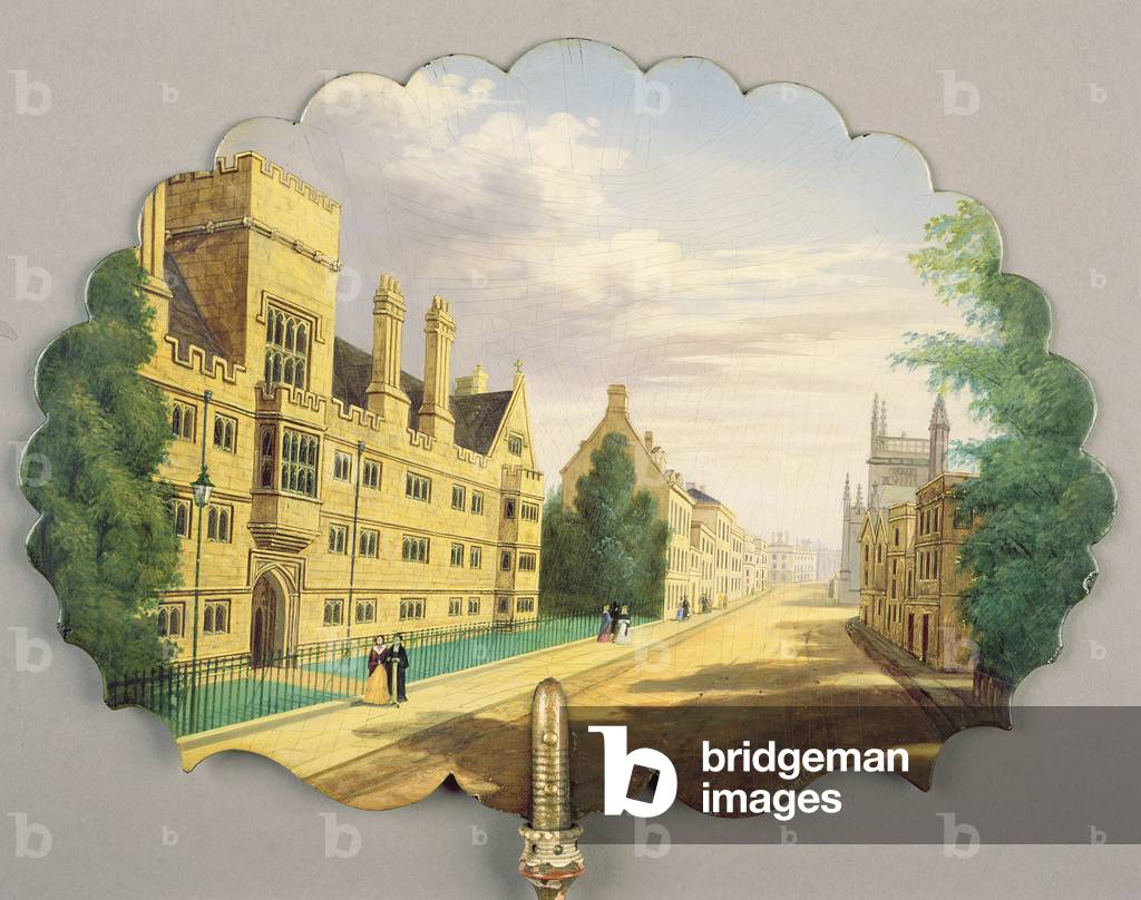 Victorian screen, with a scene of Wadham College, Oxford with the Bodleian Library and Hertford College in the background (papier mache)