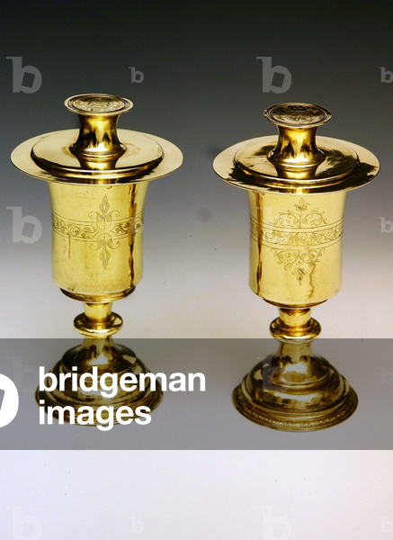Pair of silver gilt chalices, with knopped stems and a domed feet, 1741 (silver)