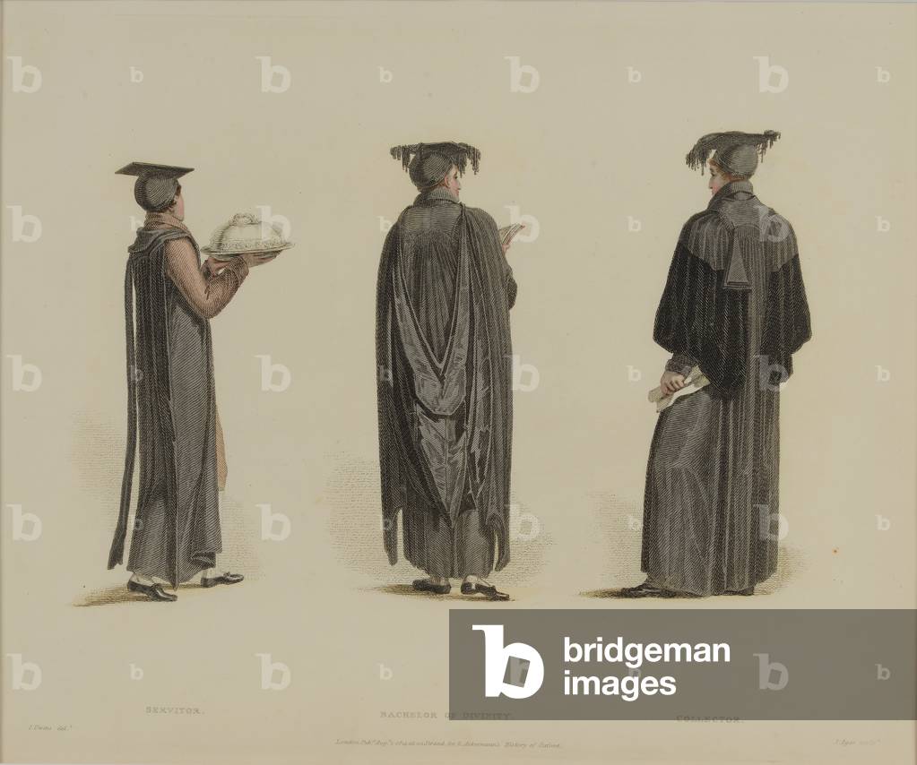 Servitor, Bachelor of Divinity, Collector, engraved by J. Agar, published in R. Ackermann's 'History of Oxford', 1814 (hand-coloured engraving)