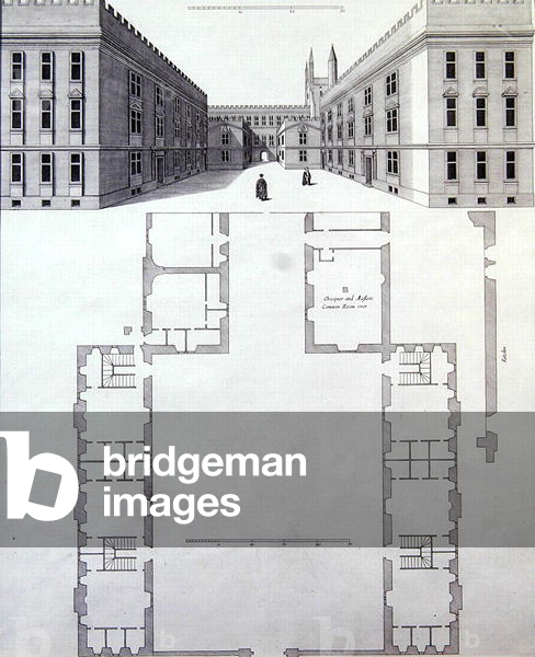 Plan and elevation of New College garden quad (engraving)