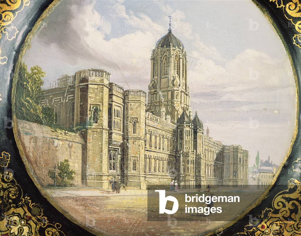 Victorian card tray decorated with a scene of Christ Church, Oxford (papier mache)