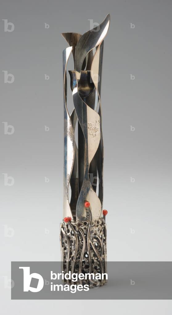 Candleholder for Havdalah Ceremony, designed and fabricated 1978 (silver: fabricated, pierced, and soldered; coral beads)