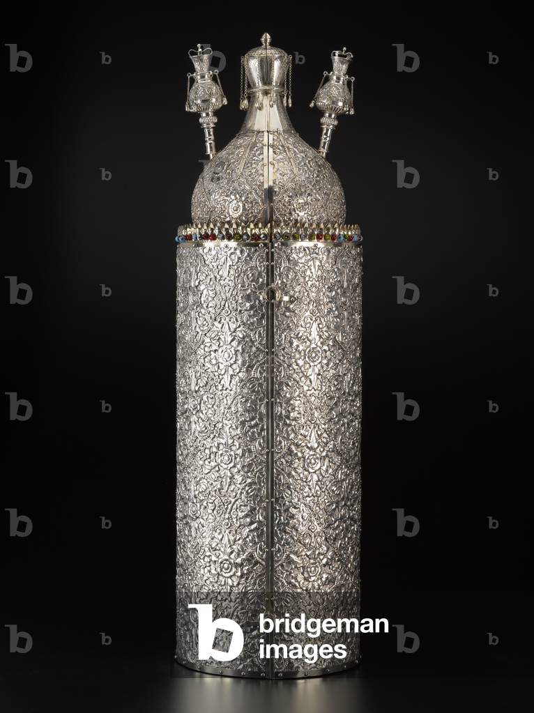 Torah Case with Finials, Case: c.1860 or earlier; Finials: probably later (case: silver: repoussé, chased, engraved, cast, appliqué, partly gilded, riveted, punched, die-stamped, enameled; wood; glass beads; silk textile; lacquered wool . Finials: silver: repoussé, engraved, cast, chased, gilded)
