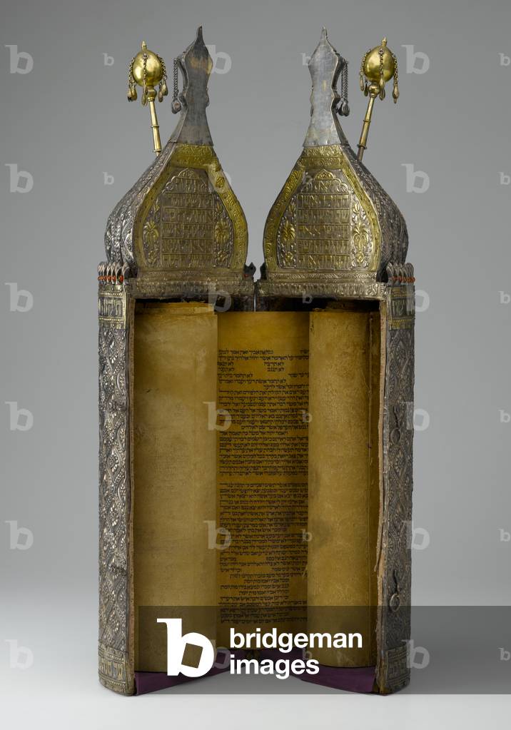 Torah Case with Finials, Case: c.1860 or earlier; Finials: probably later (case: silver: repoussé, chased, engraved, cast, appliqué, partly gilded, riveted, punched, die-stamped, enameled; wood; glass beads; silk textile; lacquered wool . Finials: silver: repoussé, engraved, cast, chased, gilded)