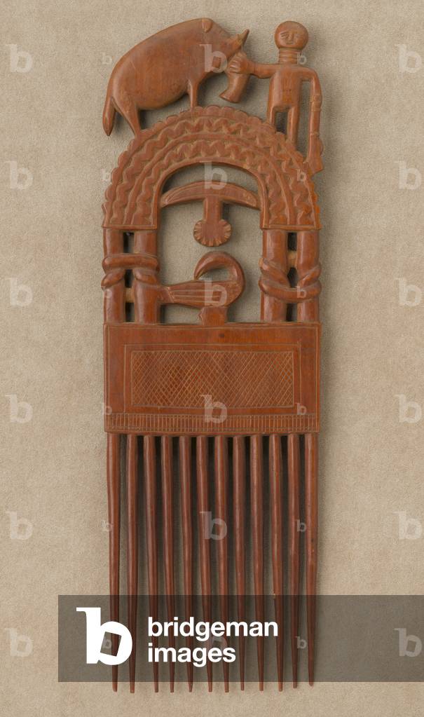 Comb with Hunter and Elephant, Sankofa Bird, and Knots, 20th century (wood)