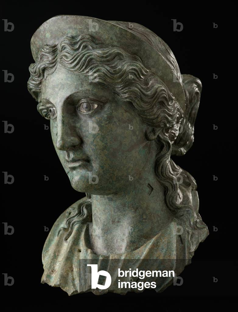 Head of a Woman in the Guise of a Goddess, 1st century (copper alloy and silver)
