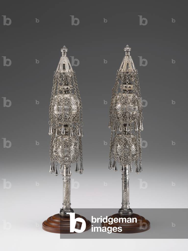 Torah Fininals, 1842/43 (per inscription) (silver: cast, chased, pierced, filigree)