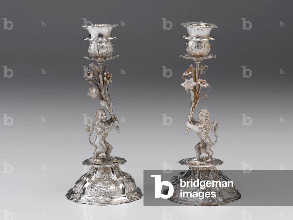 Sabbath and Festival Candlesticks, mid-19th century (silver: cast, die-stamped, chased, engraved)