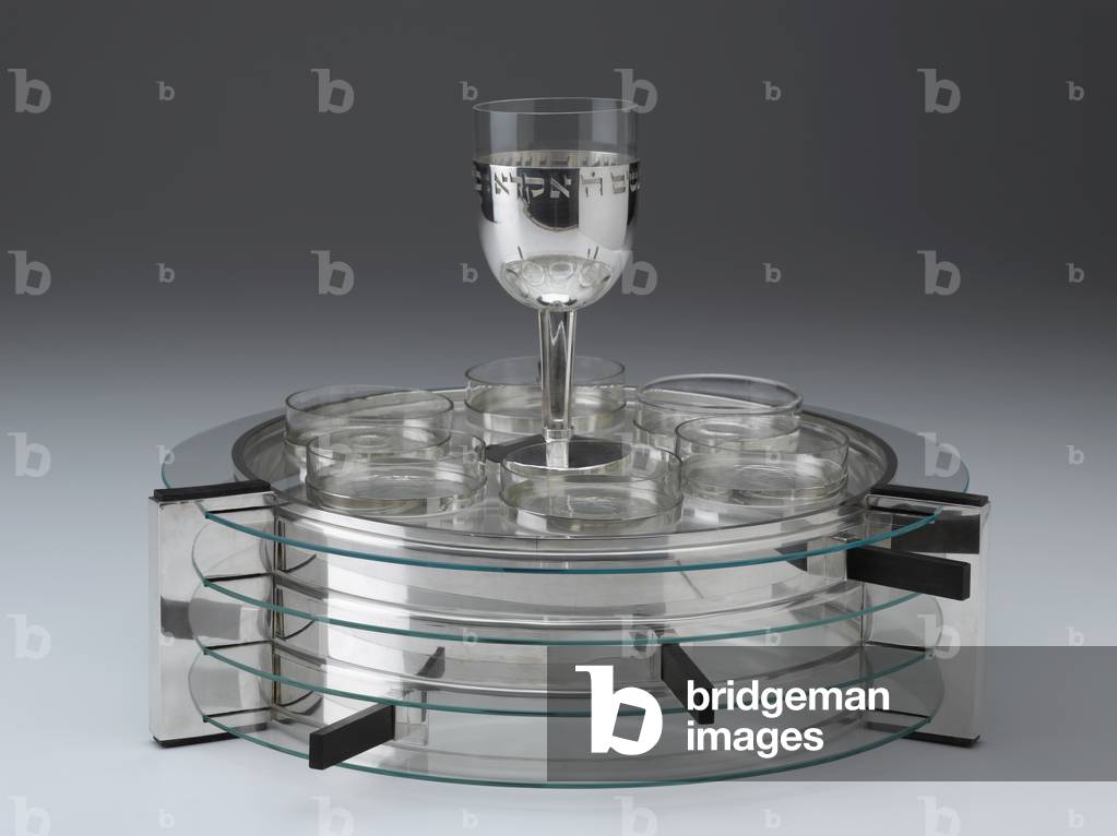 Passover Seder Set with Plates, Dishes, and Wine Cup, originally designed 1930, fabricated 1975 (silver: hollow-formed, pierced; glass; ebony)