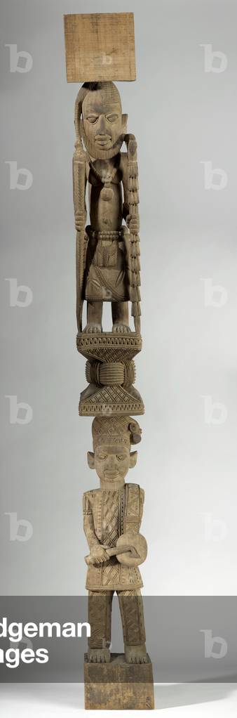 Veranda Post with Divination Priest (Babalawo) and Drummer, 1984 (Iroko wood)