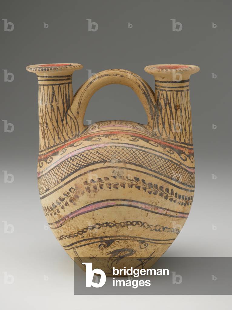 Askos, late 4th-3rd century BC (ceramic with black, pink, and red paint)
