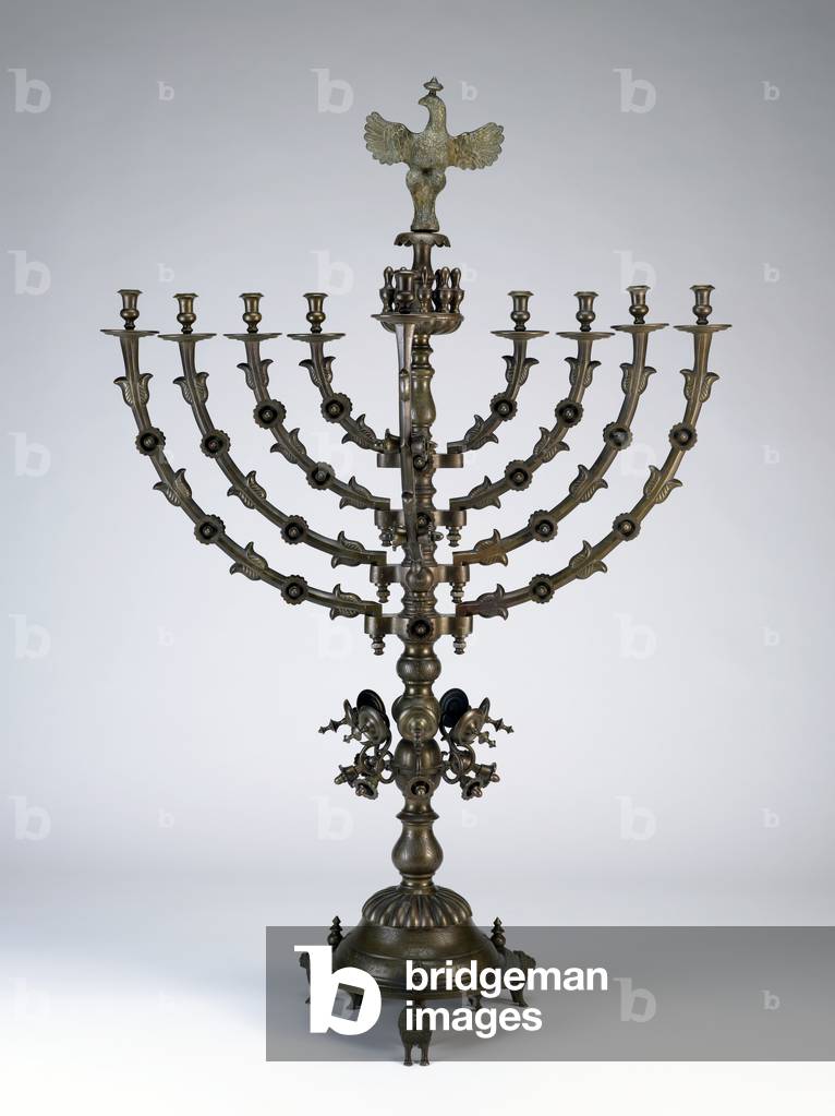 Standing Hanukkah Lamp for a Synagogue, 1770/1771 (dedication), with some 19th century elements (copper alloy: cast, machine-turned, engraved, punched, partly gilded (eagle))