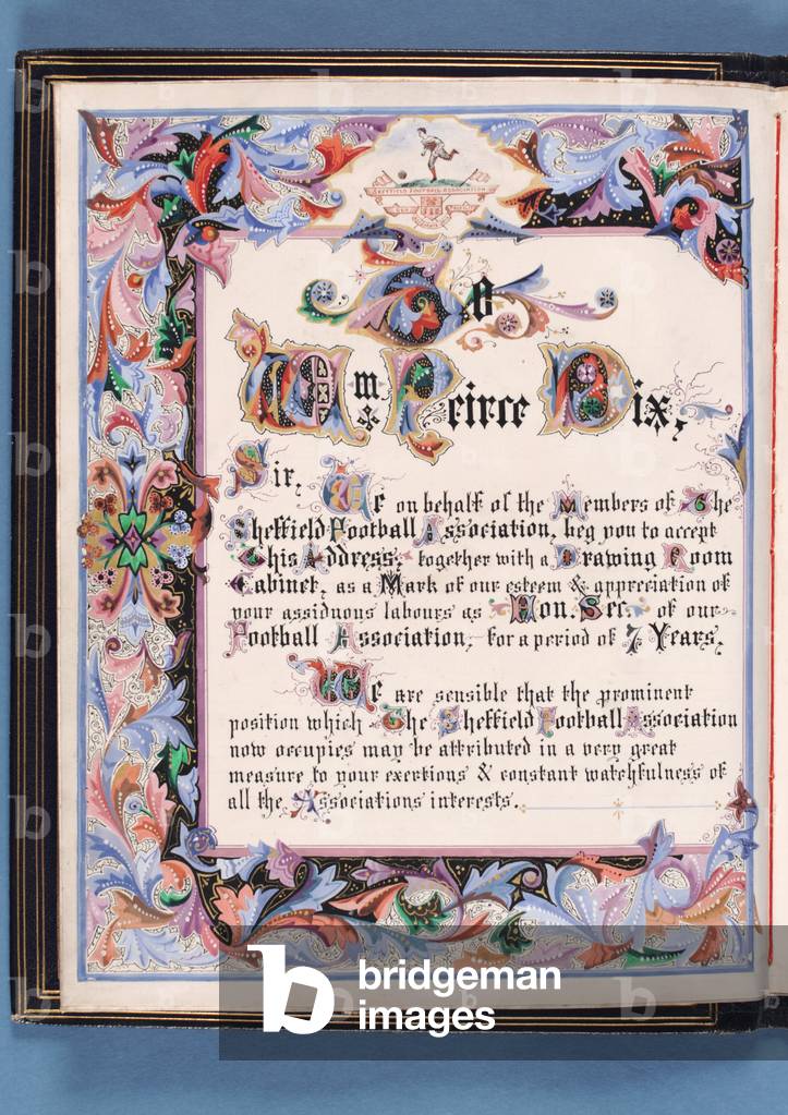 Dedication from an address presented by Sheffield Football Association to William Pierce-Dix on the occassion of his retirement as Secretary, 1882 (ink on paper) (see also 315163)