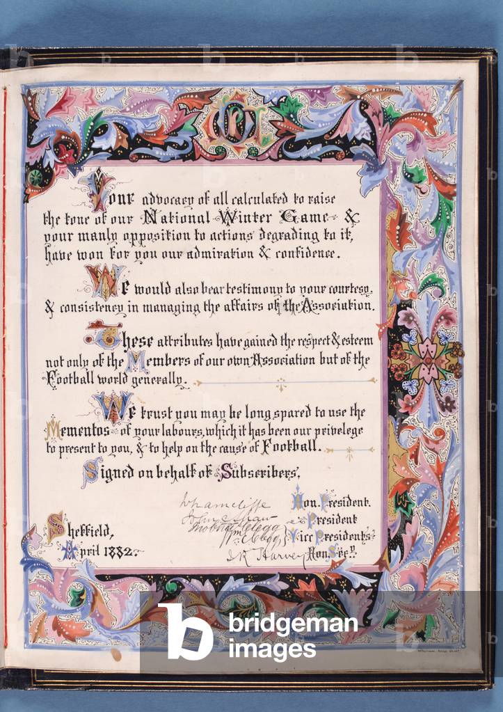 Dedication from an address presented by Sheffield Football Association to William Pierce-Dix on the occassion of his retirement as Secretary, 1882 (ink on paper) (see also 315162)