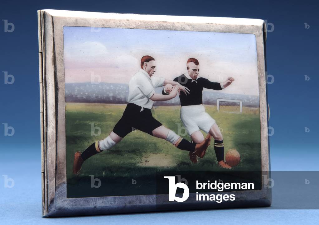 Cigarette case depicting a football match (metal & enamel) (see also 315394)