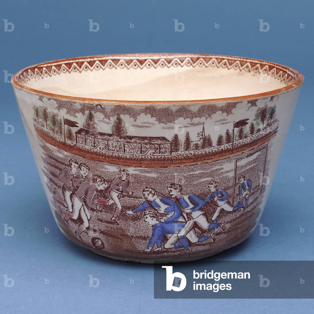 Sugar bowl with transfer print design of an early football match (ceramic)