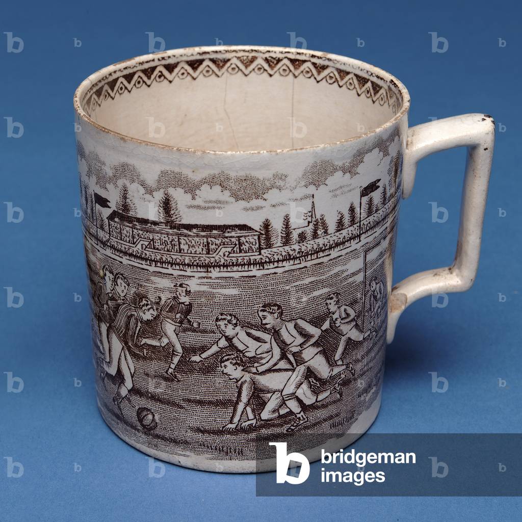 Staffordshire pint mug with sepia transfer of a football match (ceramic)