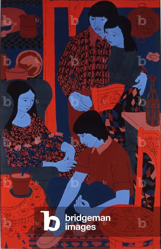 People and Red Furnature, 1972 (oil on board)