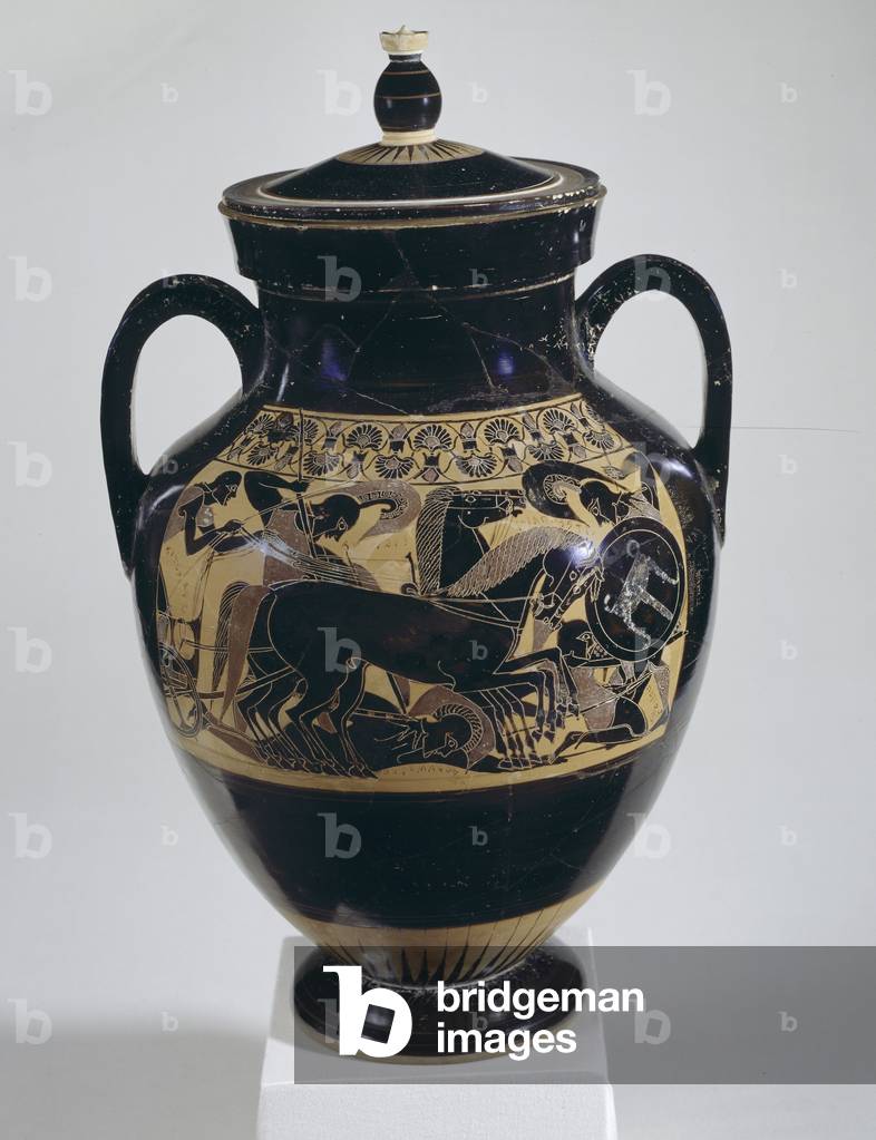 Schwarze chalkidische Amphore mit Darstellung des Trojanischen Krieges, wobei Hippolochos Diomedes angreift, C