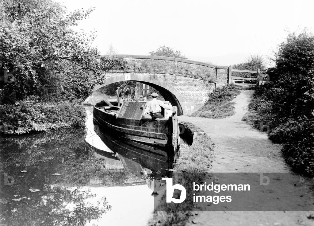 Barge at Crinday, Monmouth and Brecon Canal Bridge No. 1 (b/w photo)