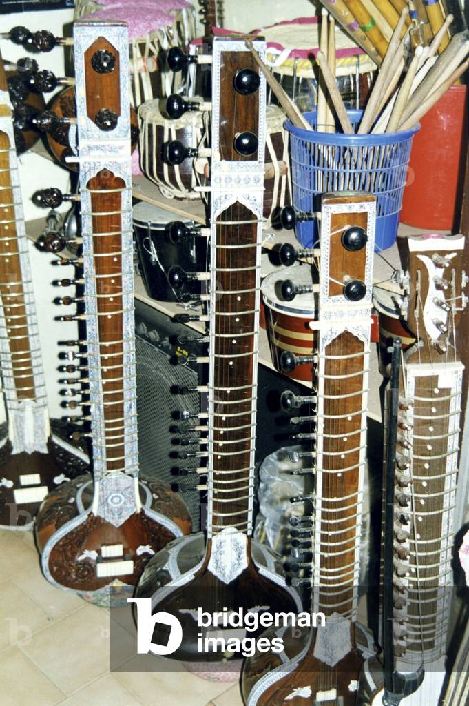 Sitars displayed in shop
